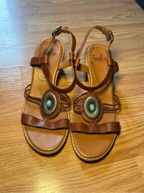 Zodiac Brown Leather T-Strap Sandals with Turquoise Accent